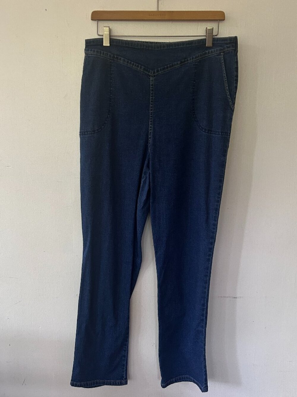 d&co Elastic Waist Jeans Womens Large Dark Wash Mom Jeans Pockets Straight Leg
